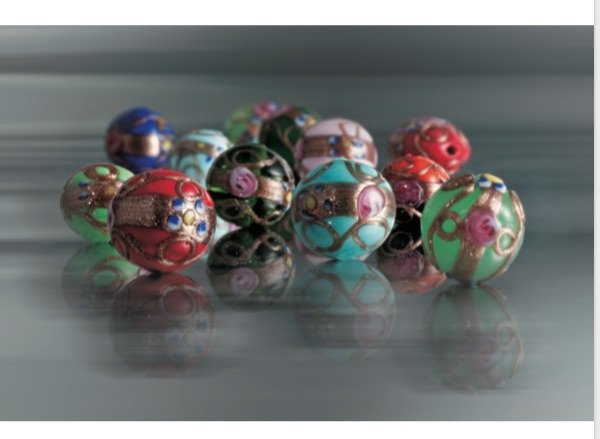 Decorated Murano glass beads with gold leaf and floral murrine
