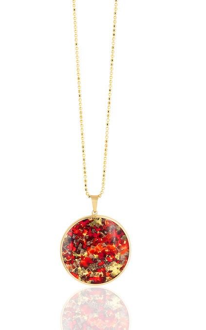 Round millefiori glass pendant in red and gold on a fine chain